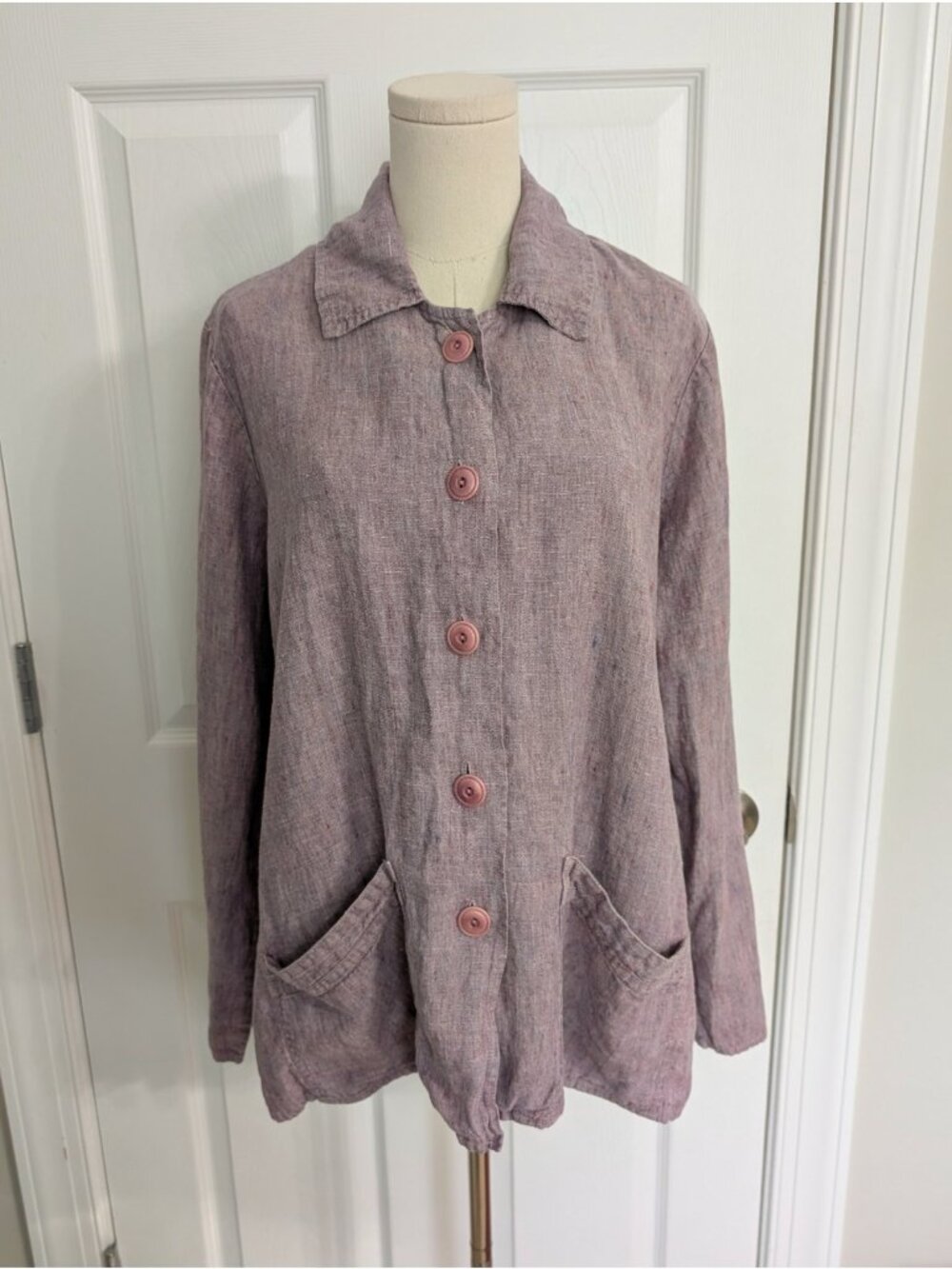 FLAX Jeanne Engelhart Purple Linen Collared Button Down Shirt Pockets